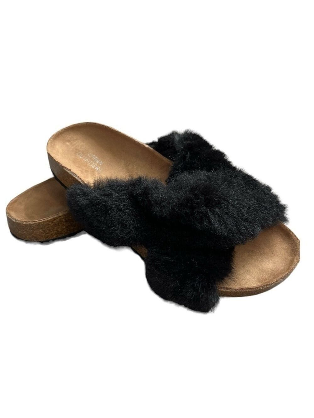 Urban Outfitters black faux fur criss cross slides sandals 6